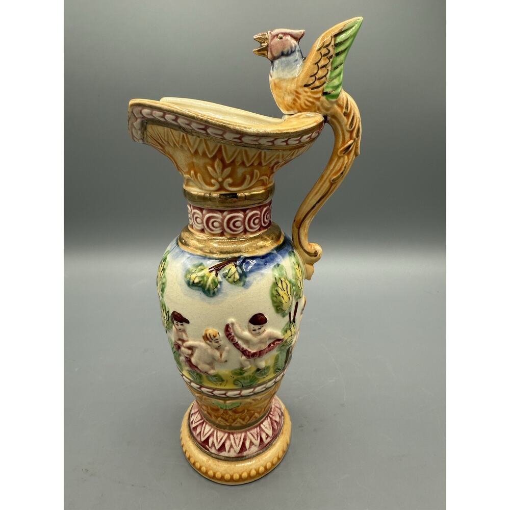 Vintage Kinade Japan Majolica-Style Pitcher Bird Handle Cherub Motif